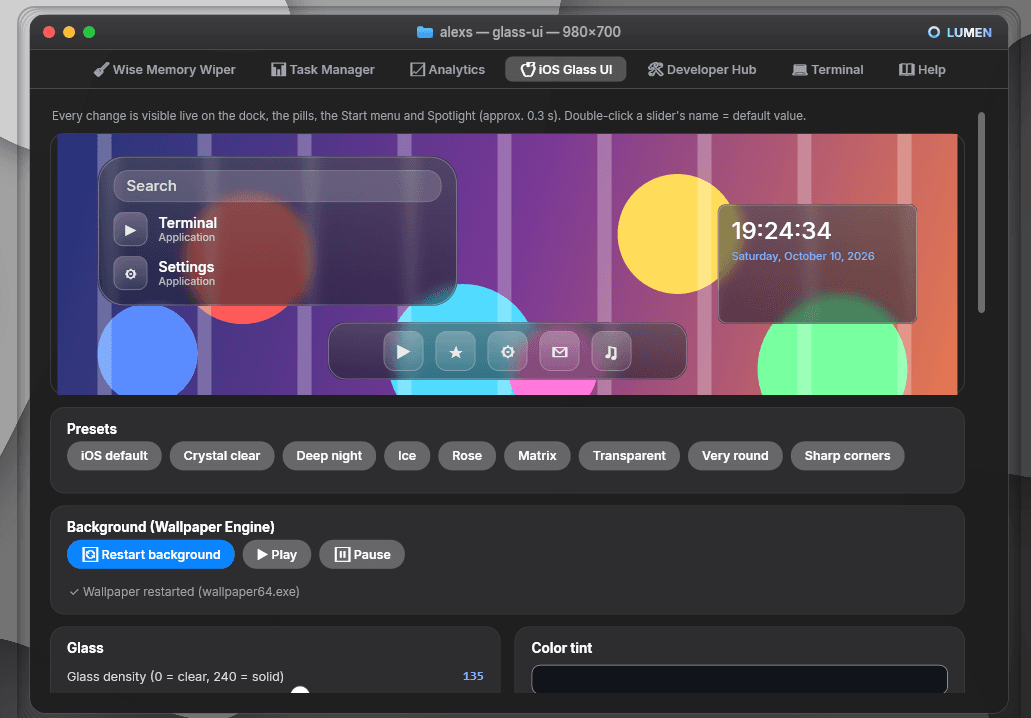 LUMEN - Glass UI & System Toolkit for Windows – használat közben